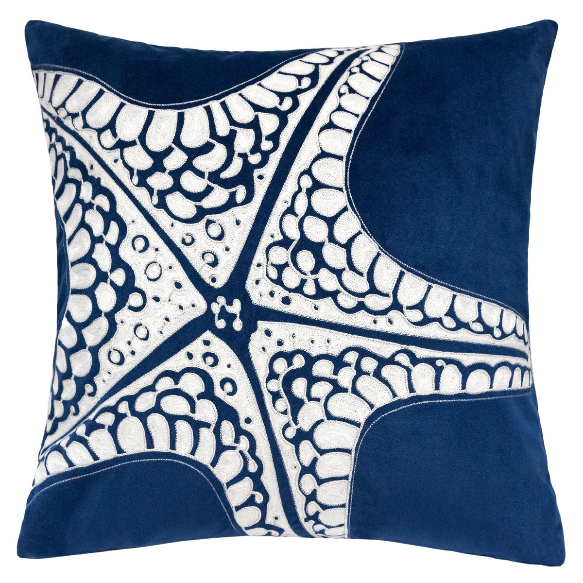 Indigo blue pillow cover with white starfish pattern and curved navy border