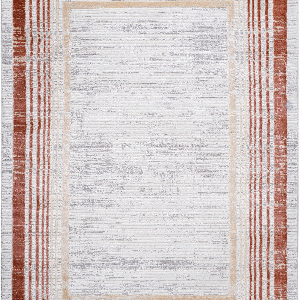 Rectangular bordered area rug, rust and white striped frame with textured center