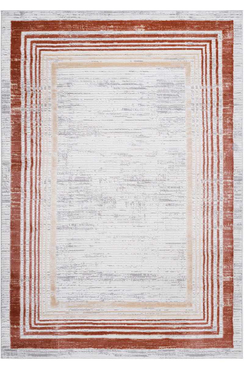 Rectangular bordered area rug, rust and white striped frame with textured center