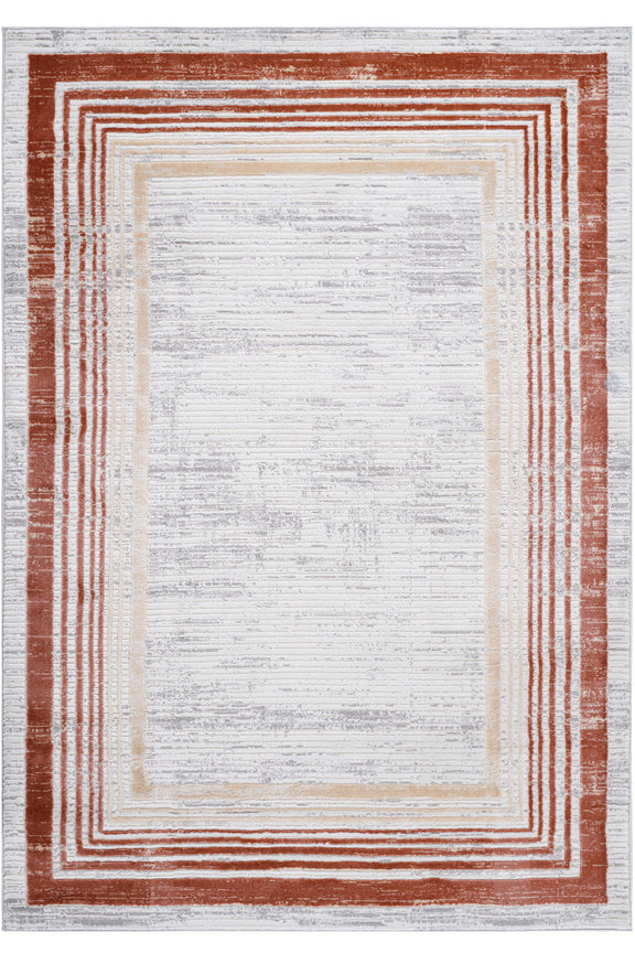 Bordered area rug with ivory center and brown striped frame, rectangular