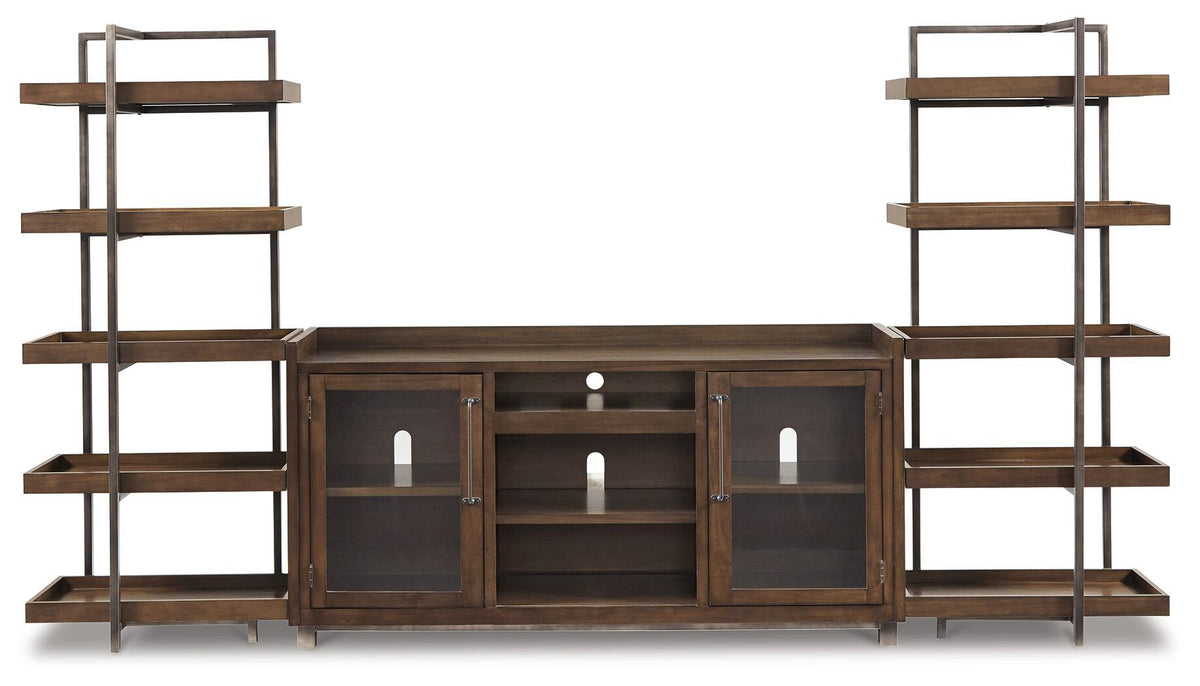 Dark brown TV stand with open side shelves and central cabinet with glass doors
