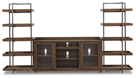 Dark brown TV stand with open side shelves and central cabinet with glass doors