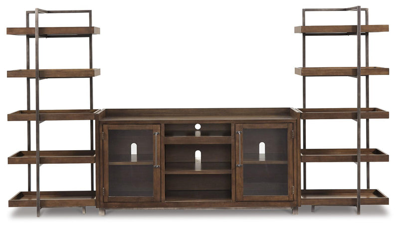Dark brown TV stand with open side shelves and central cabinet with glass doors