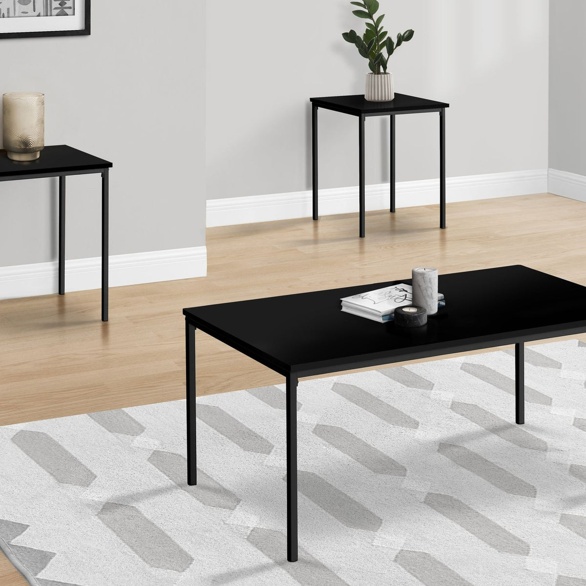 Coffee table set, black rectangular coffee table with slim black legs