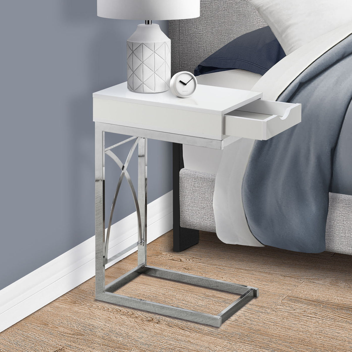 Accent Table, C - Shaped Glossy Contemporary & Modern - White