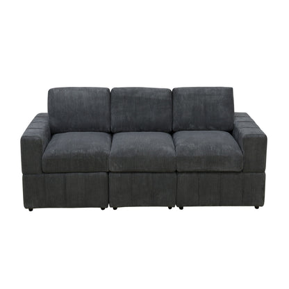 Dark gray modular sectional sofa with three seats, ribbed upholstery, and three back cushions