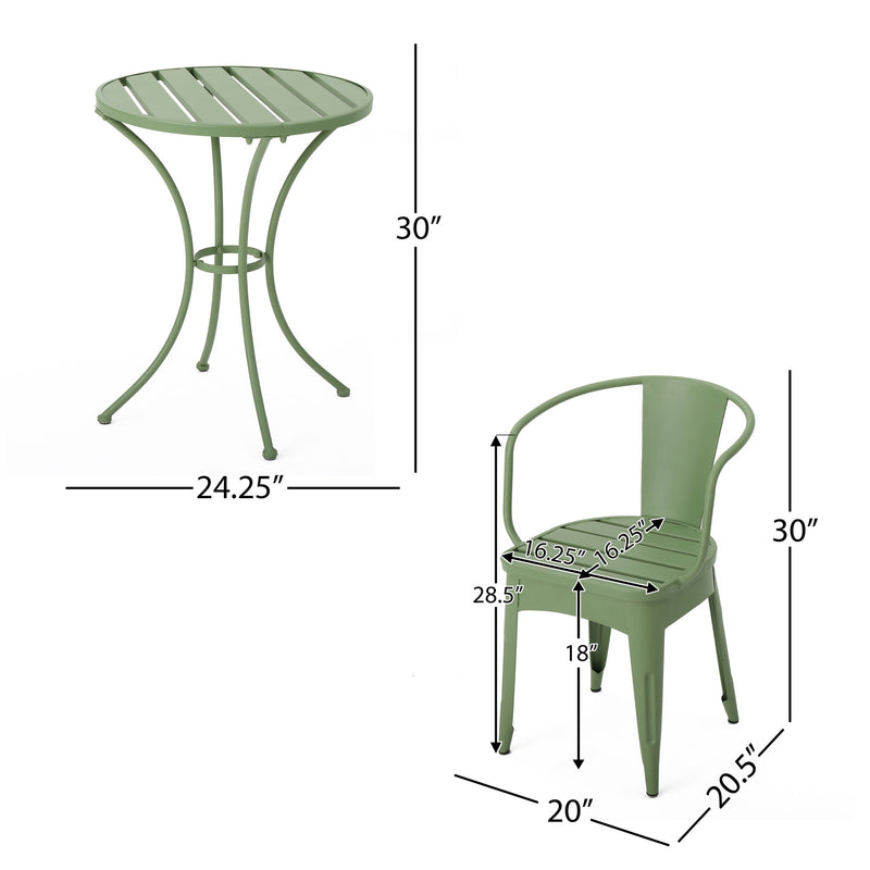 Green bistro table and chair measurements diagram with labeled dimensions in inches