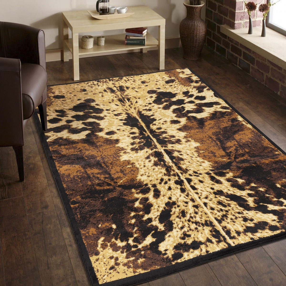 Southwest area rug with bold central axis stripe and leopard blotches in tan and dark brown.