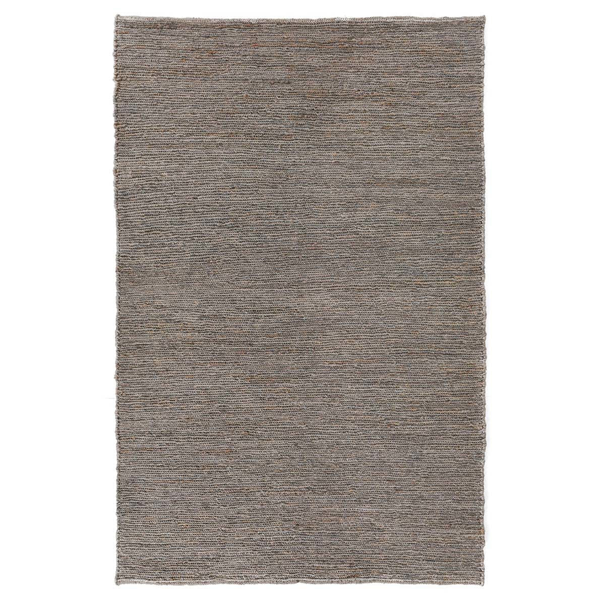 Gray jute area rug with fine flat weave texture and short fringed border