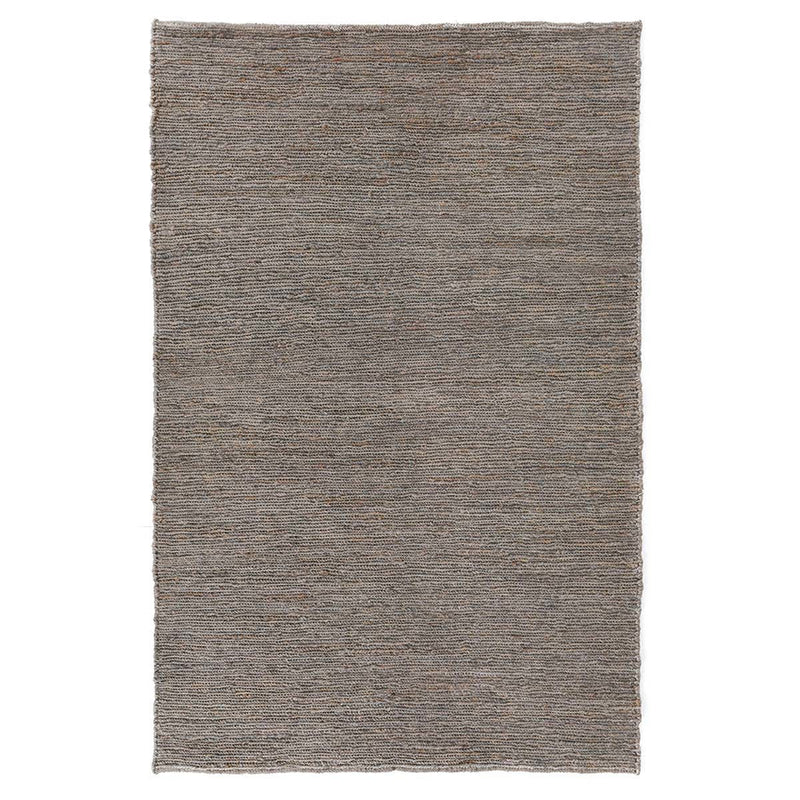 Gray jute area rug with fine flat weave texture and short fringed border