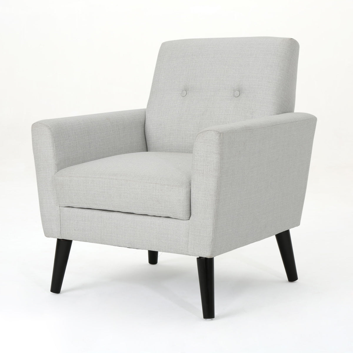 Light gray upholstered club chair with square back, button tufting, and dark tapered legs