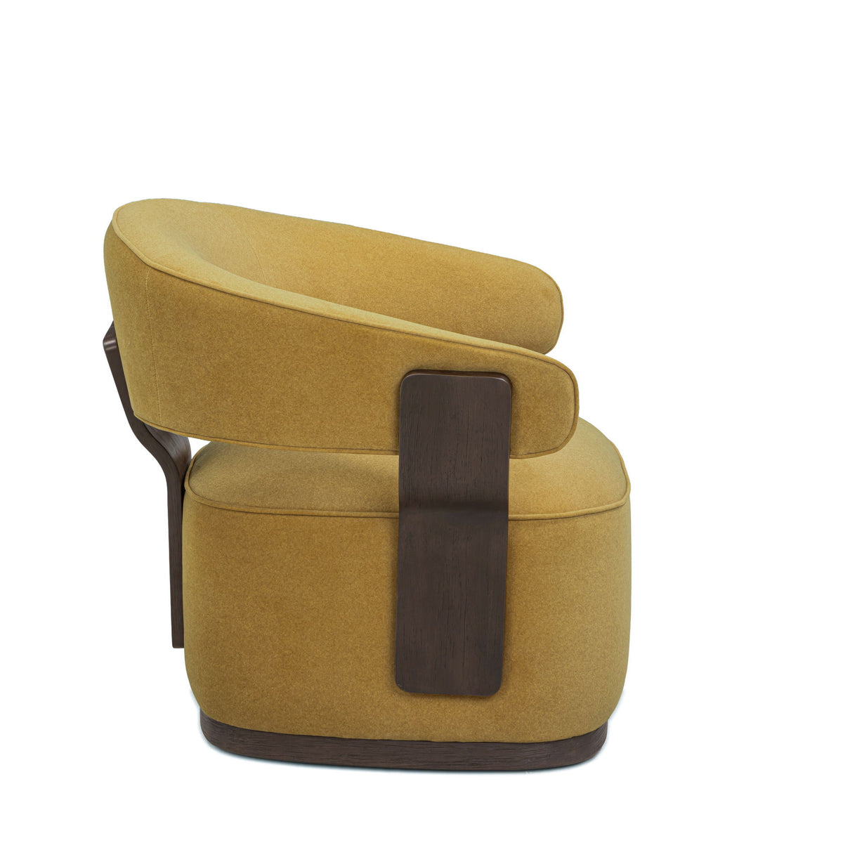 Swivel accent chair in mustard-gold fabric with dark wood front panel and rounded base