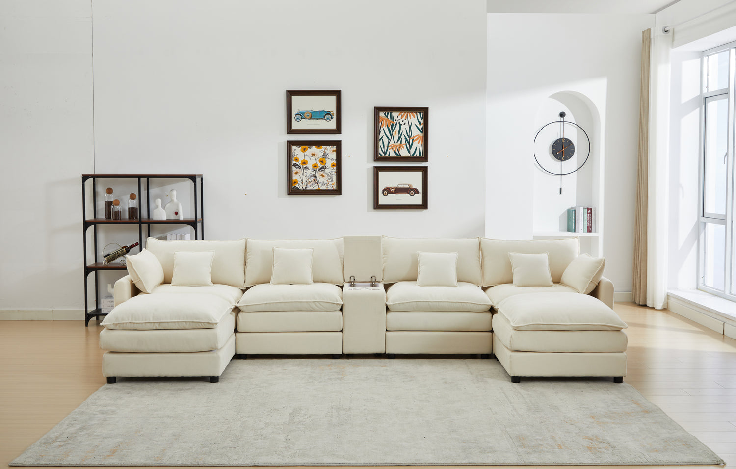 Piece Upholstered Sectional,Sectional Sofa Couch,4 Seat Sectional Couches for Living Room U-Shaped Modern Chenille Sofa Sleeper with Coffee Table(White)