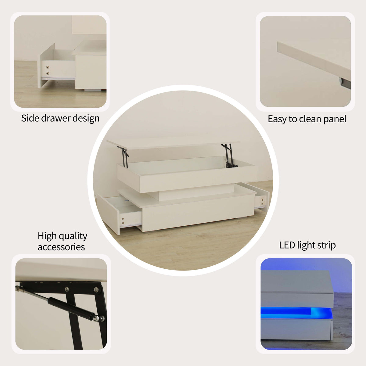 Contemporary Foldable Coffee Table With Drawers And LED, 3 Tier Design