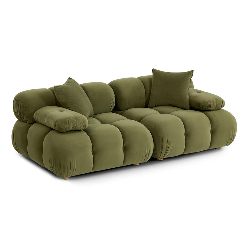 Olive green modular loveseat with tufted seat sections, rolled arms, and three back cushions
