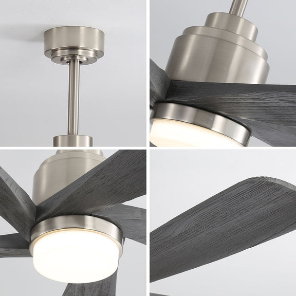Nickel DC ceiling fan motor housing with dark gray blades and round LED light.