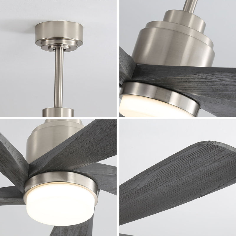 Nickel DC ceiling fan motor housing with dark gray blades and round LED light.
