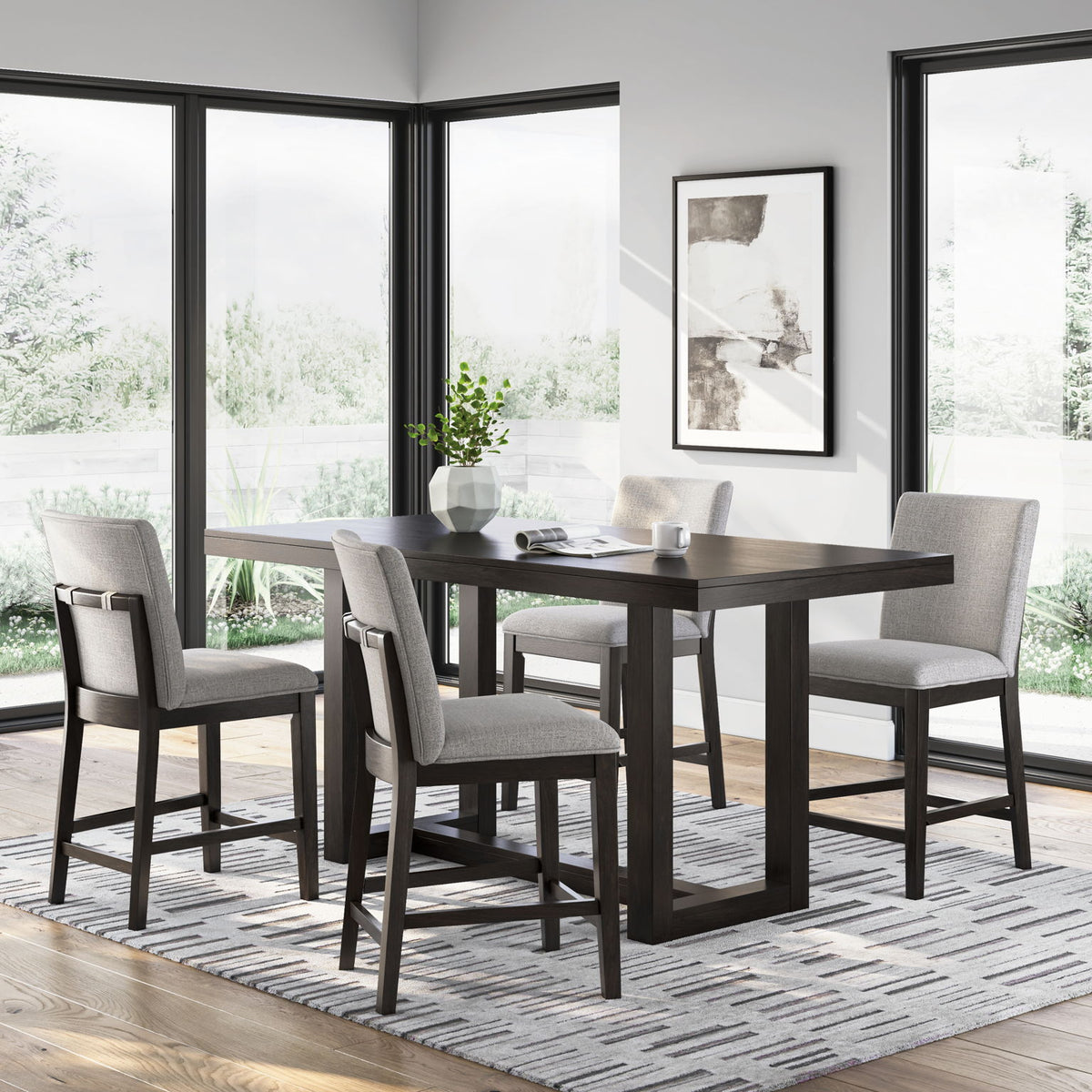 Neymorton - Dark Grayish Brown - 5 Pc. - Rectangular Dining Room Counter Table, 4 Barstools