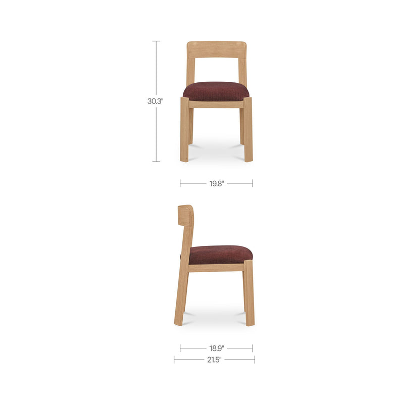 Light wood dining chair with berry purple padded seat and open backrest, side view