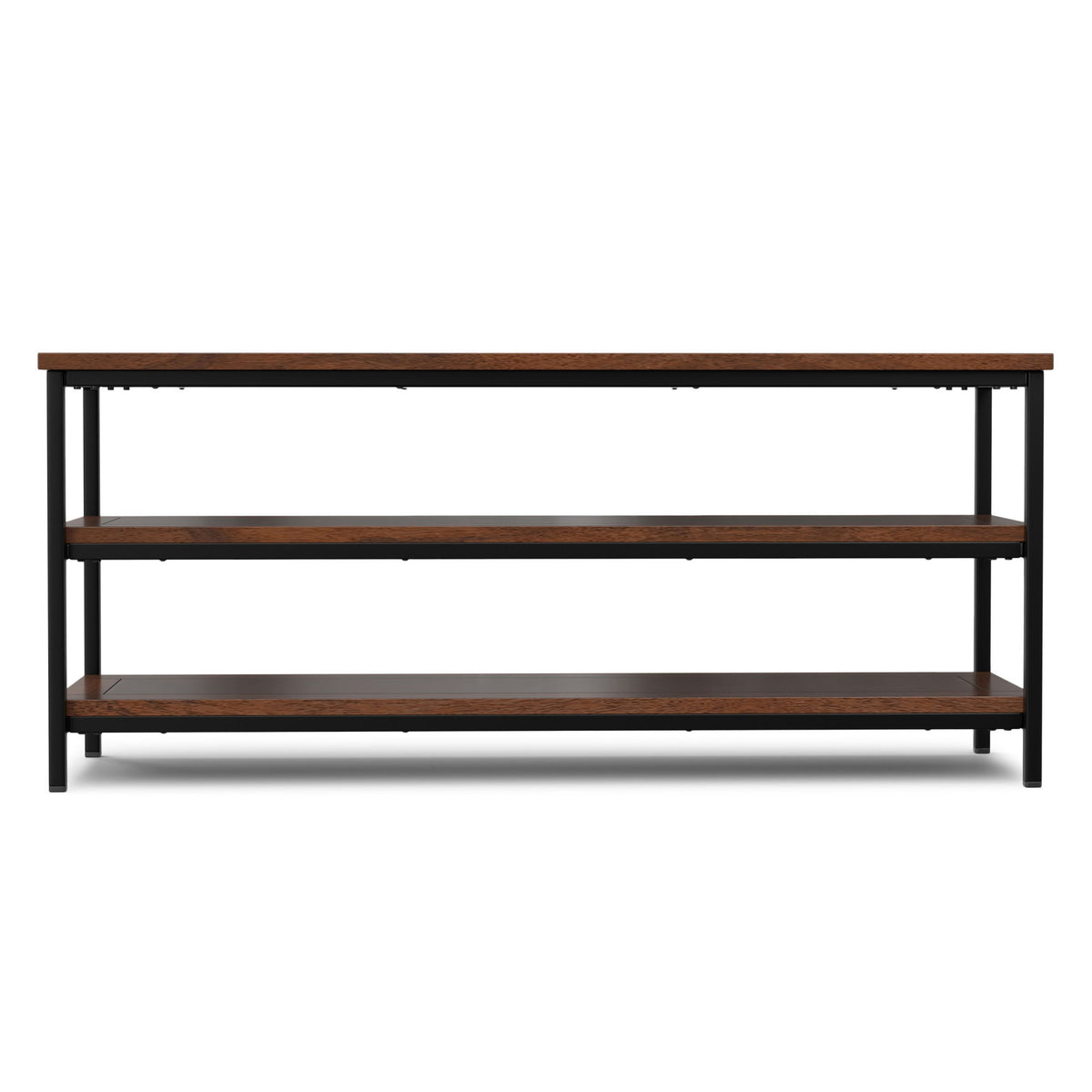 Low dark cognac brown TV stand with two open shelves and black metal frame