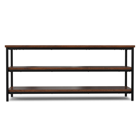 Low dark cognac brown TV stand with two open shelves and black metal frame