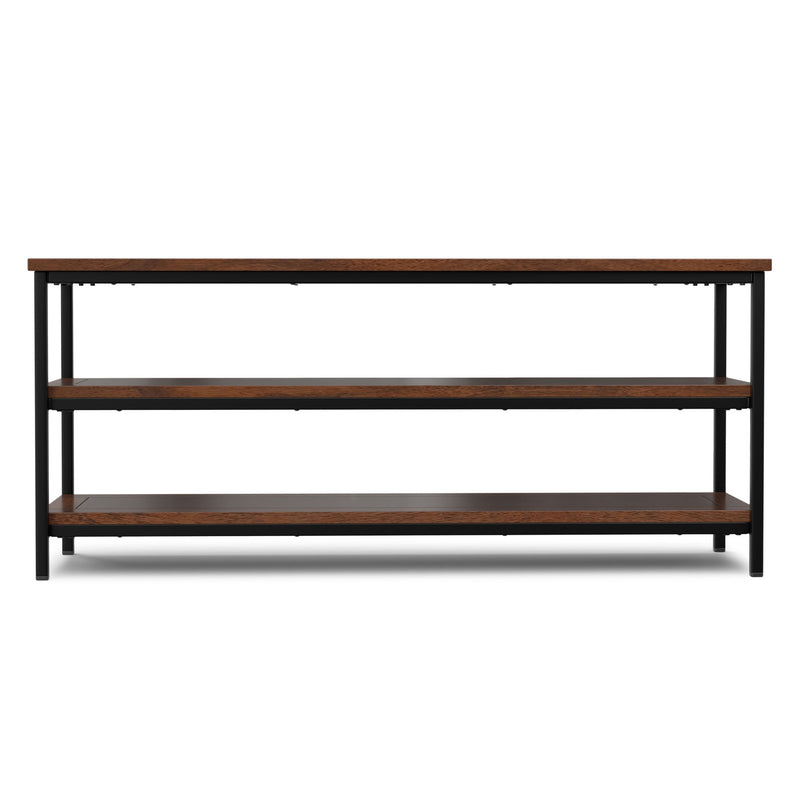 Low dark cognac brown TV stand with two open shelves and black metal frame