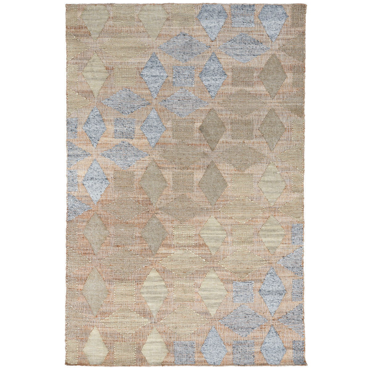 Rectangular area rug featuring scattered diamonds in beige, light blue, and peach tones