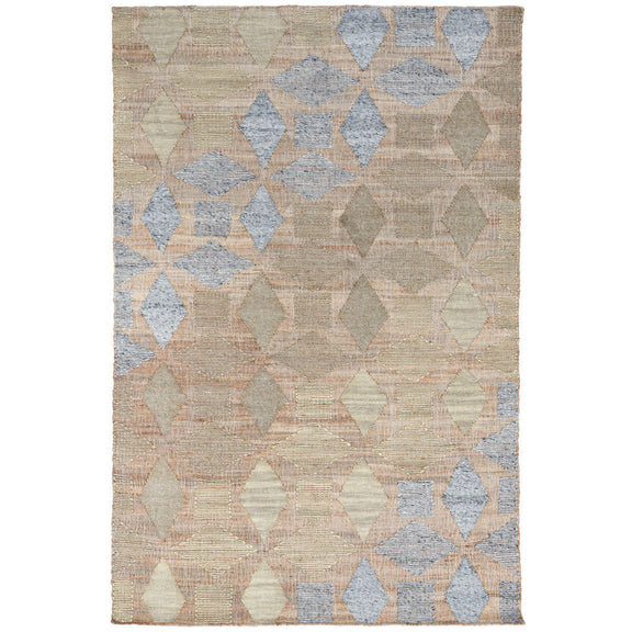 Rectangular area rug featuring scattered diamonds in beige, light blue, and peach tones