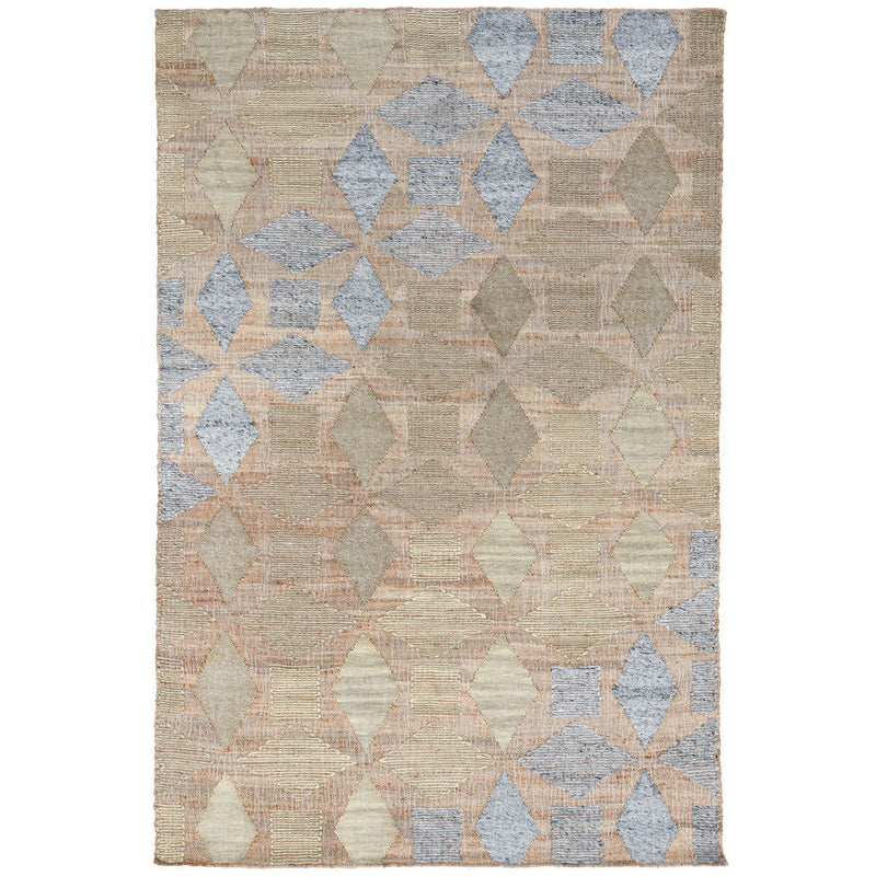 Rectangular area rug featuring scattered diamonds in beige, light blue, and peach tones