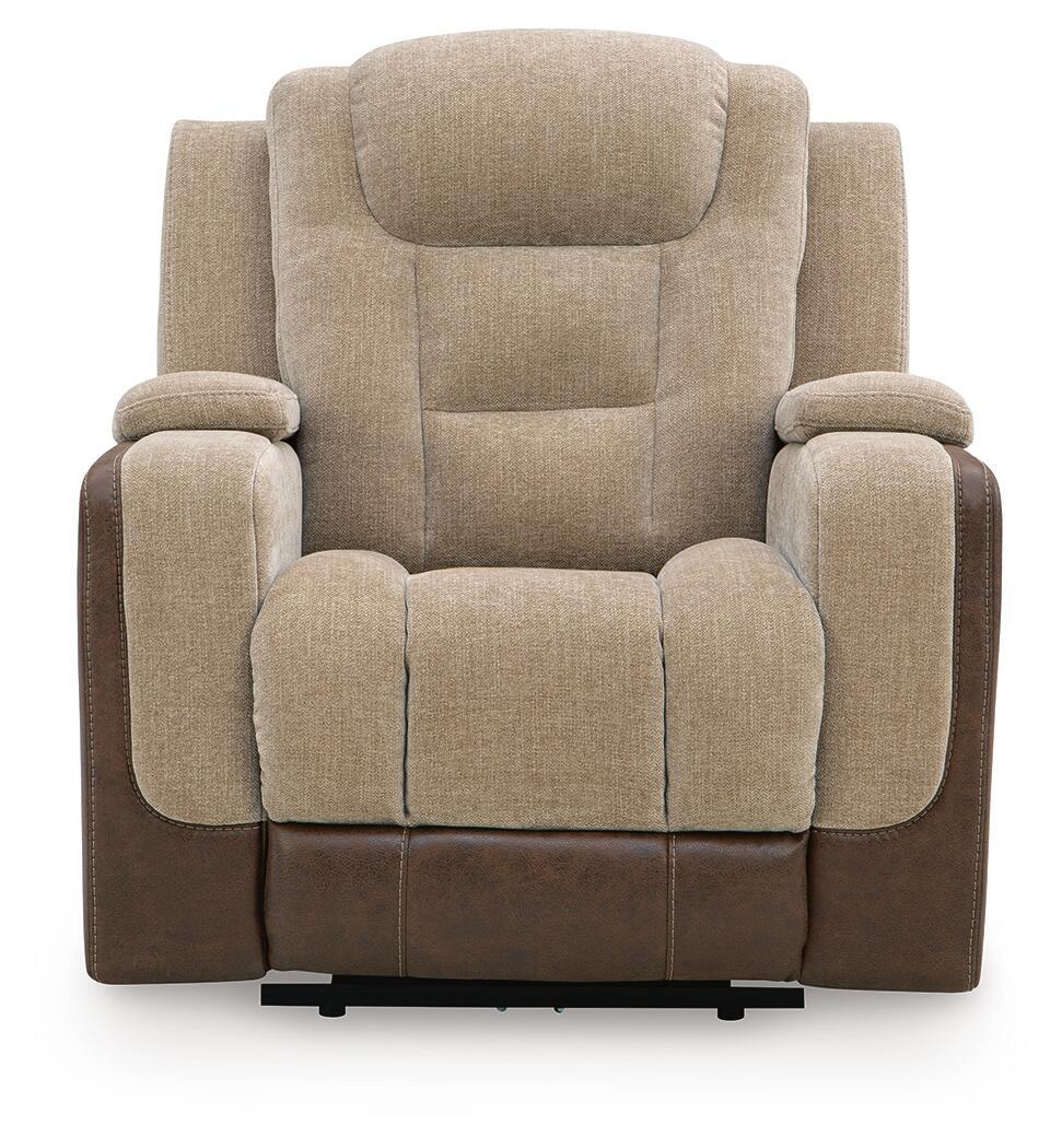 Front view power recliner with adjustable headrest, beige fabric center and dark brown arms