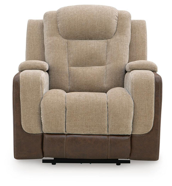 Front view power recliner with adjustable headrest, beige fabric center and dark brown arms