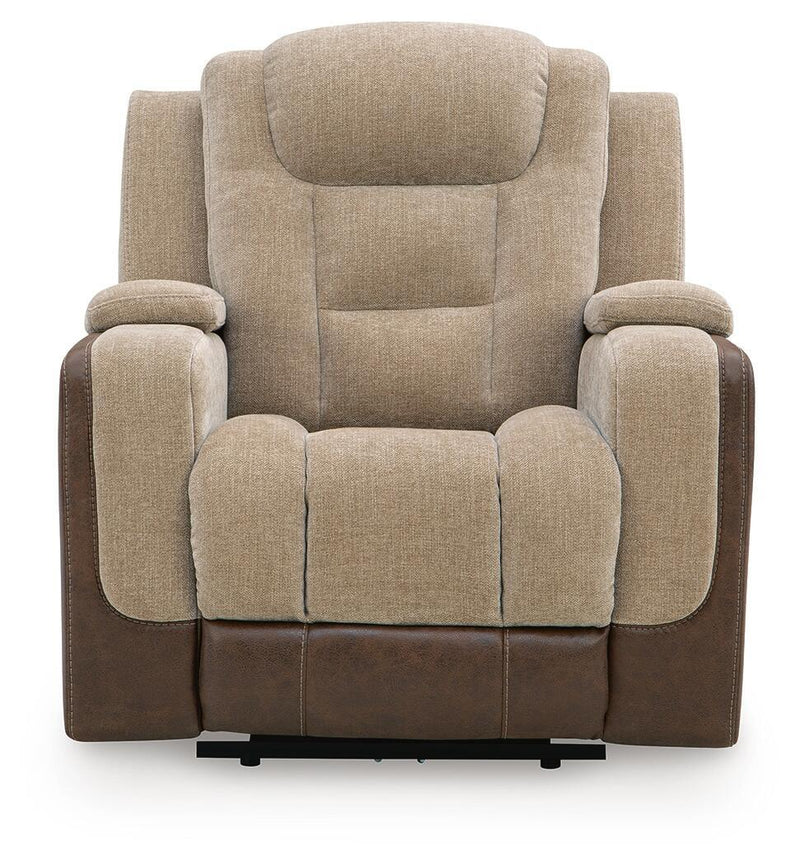 Front view power recliner with adjustable headrest, beige fabric center and dark brown arms