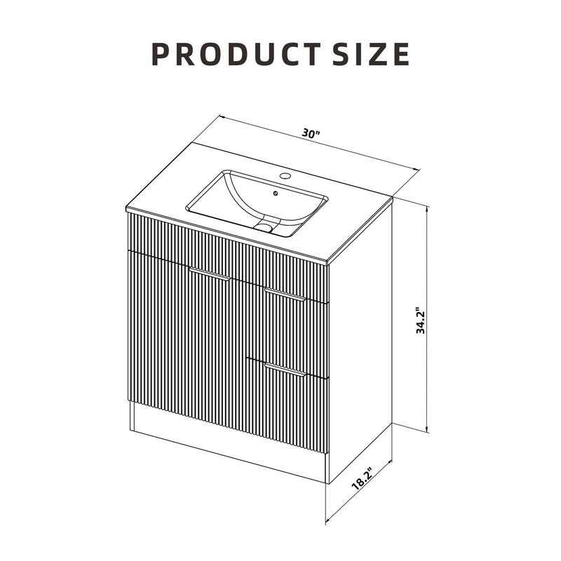 Bathroom vanity with sink, fluted cabinet, one door, two drawers, and dimensions marked
