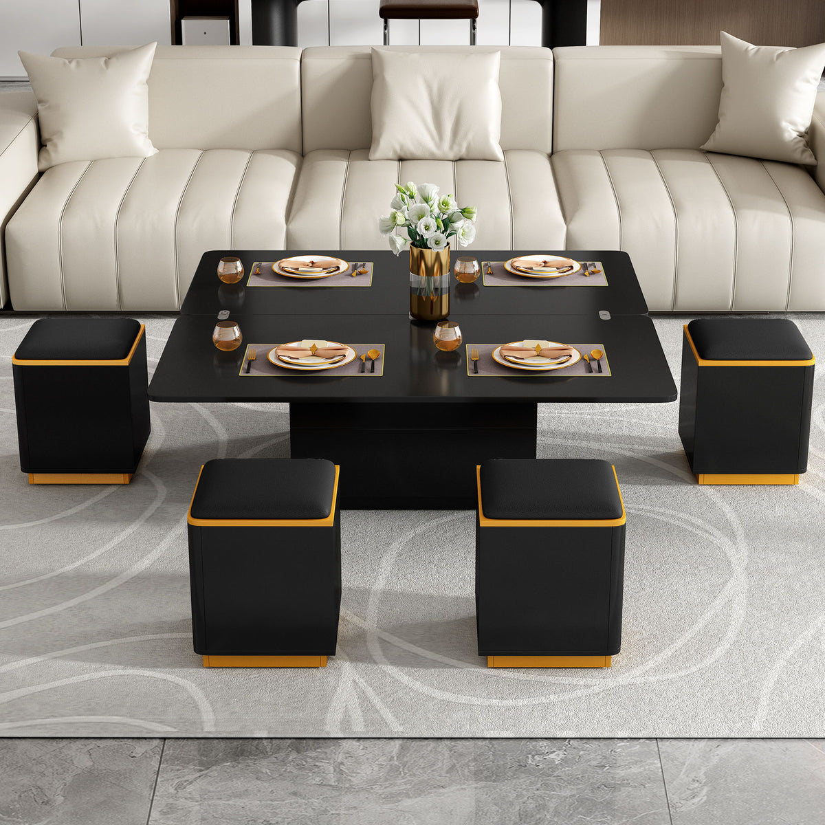 Multi Functional Adjustable Coffee Table With 4 Storage Stools