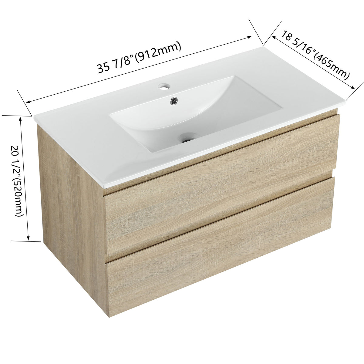 Wall mounted vanity with white sink and two soft-close drawer fronts, light wood finish