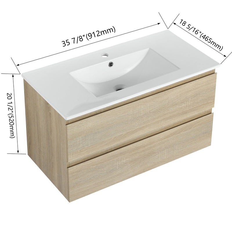 Wall mounted vanity with white sink and two soft-close drawer fronts, light wood finish