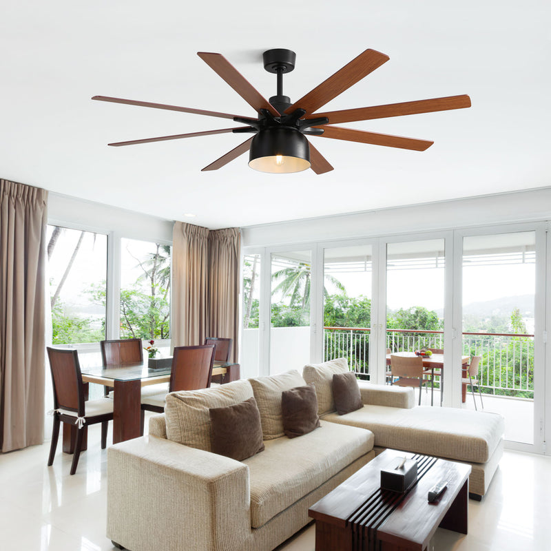 Black ceiling fan with six dual-tone wooden blades and lit dome light