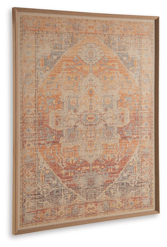 Framed wall art with ornate geometric design in red, orange, and blue, three-quarter view