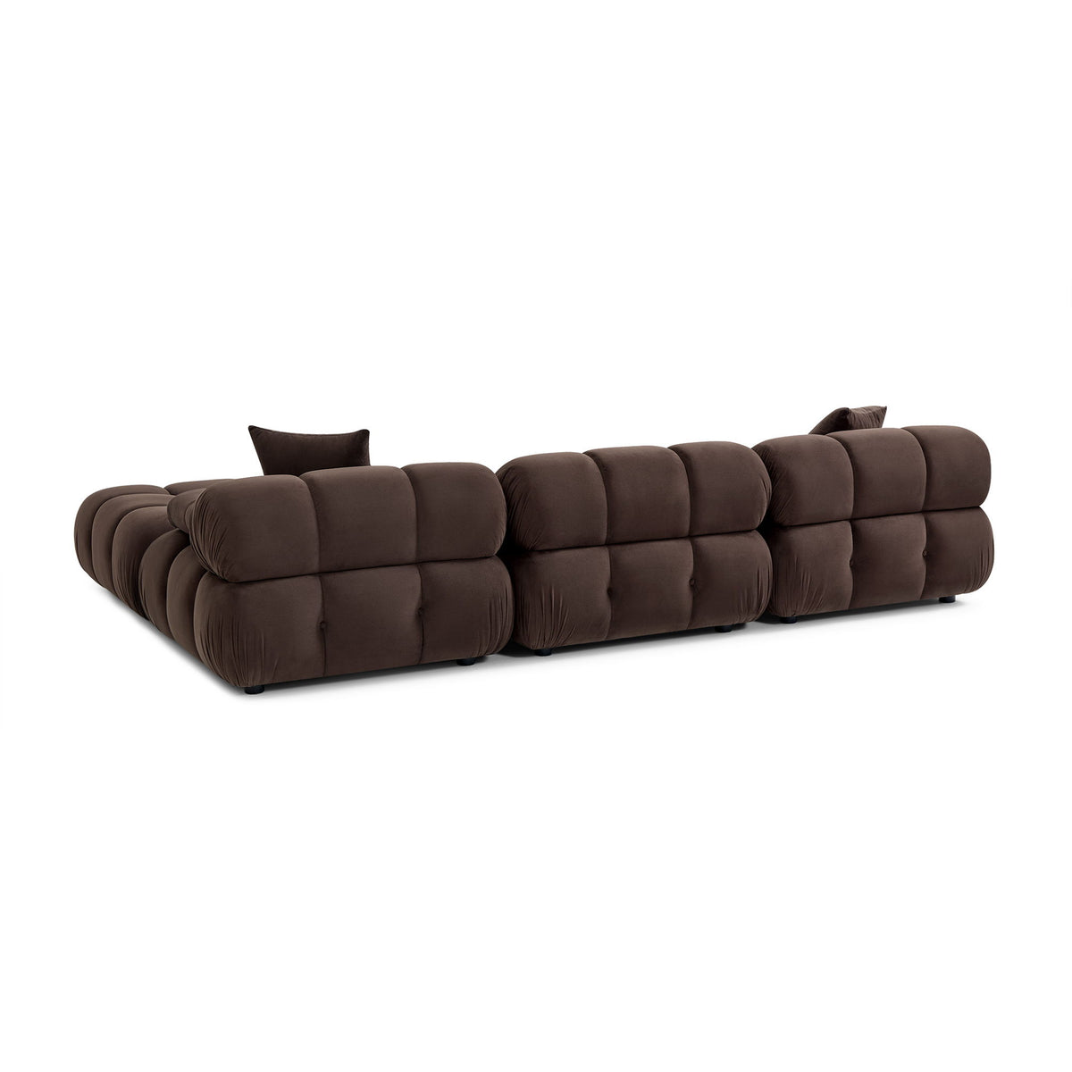 Dark brown modular sectional sofa with tufted seat blocks and back pillows