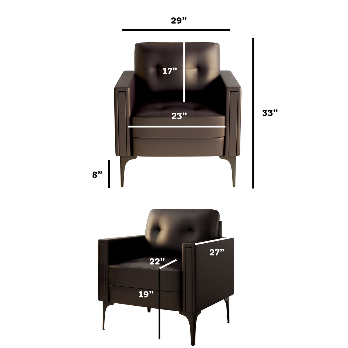 Dark brown armchair with size measurements shown
