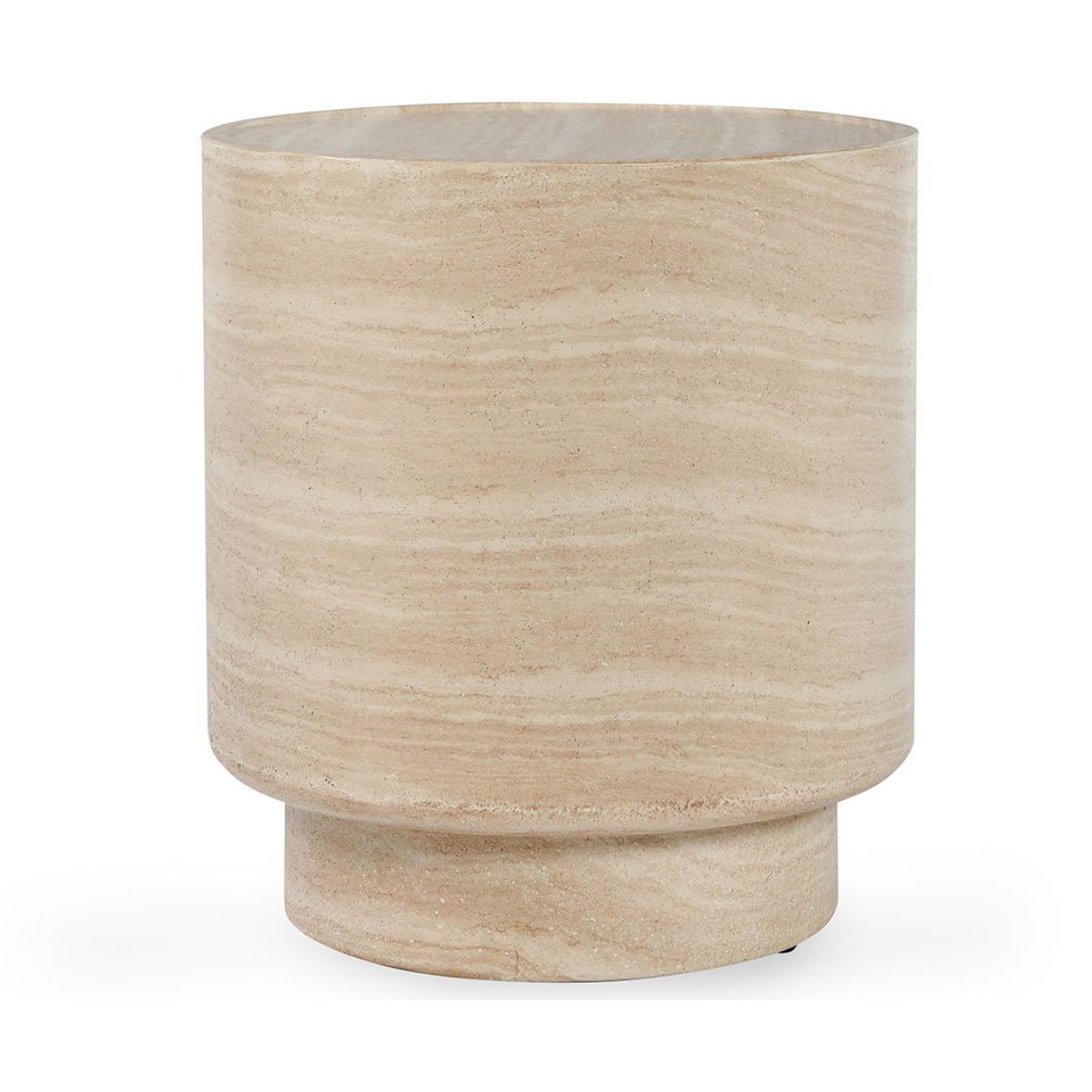 Outdoor round concrete table with travertine-finish cylindrical base and round top.