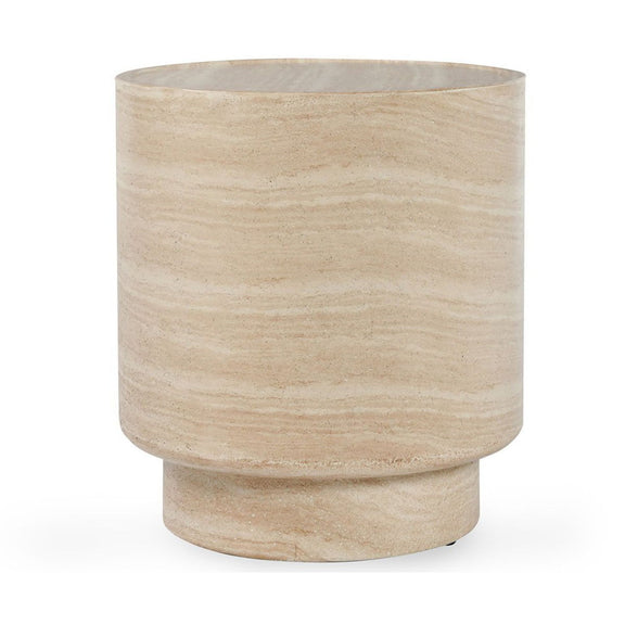 Outdoor round concrete table with travertine-finish cylindrical base and round top.