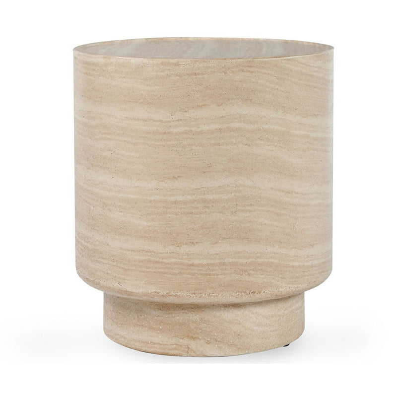 Outdoor round concrete table with travertine-finish cylindrical base and round top.