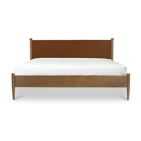 Brown queen bed with tall headboard and low footboard, white mattress fitted