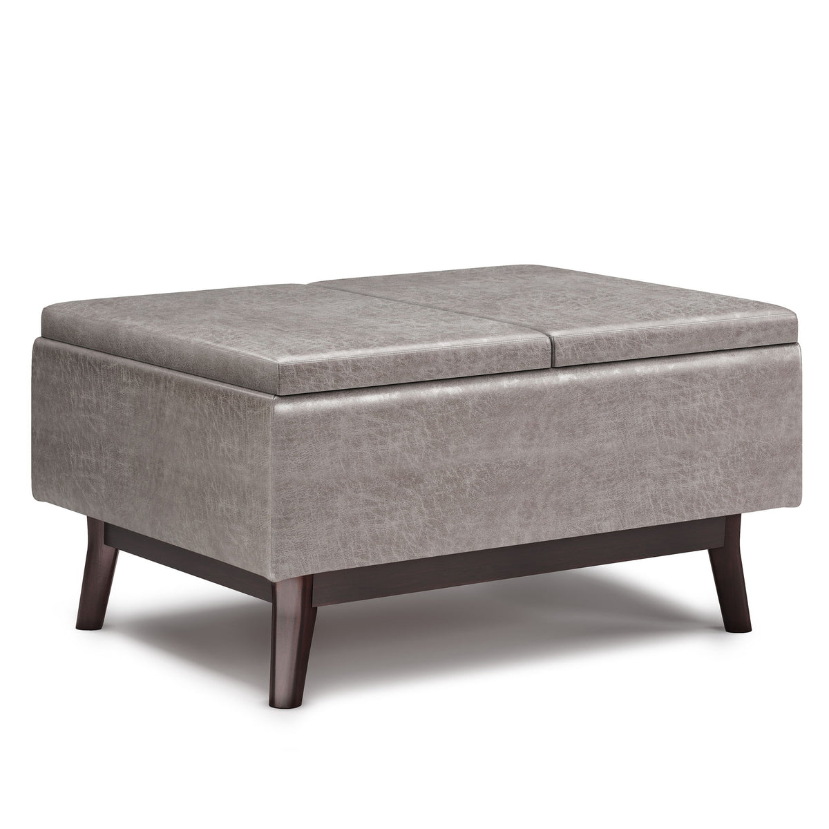 Upholstered storage ottoman coffee table with hinged top, gray fabric and tapered wooden legs