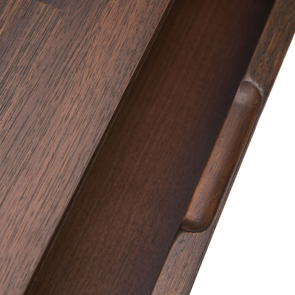 Dark brown sideboard buffet corner with smooth wood trim and tapered legs