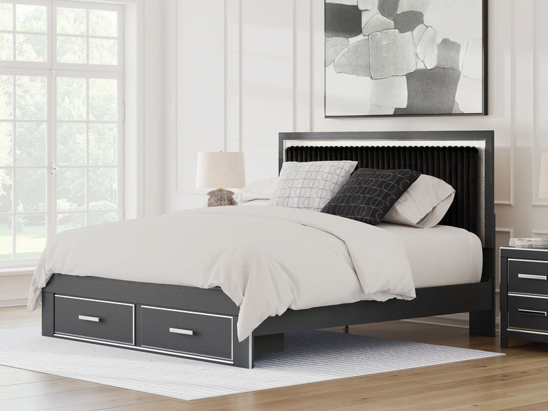 Upholstered panel storage bed in a living room, dark frame with 2 drawers, white bedding