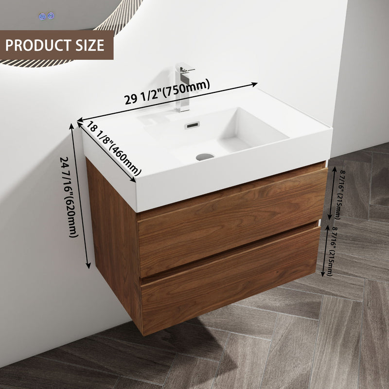 Wall-mounted bathroom vanity with white sink and faucet; dark brown two-drawer cabinet