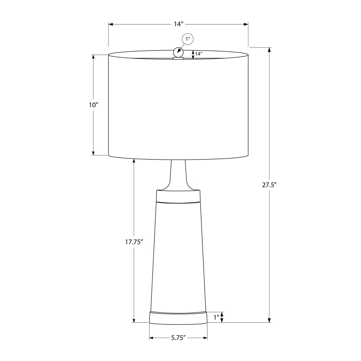 Resin table lamp profile diagram with cream fabric shade and black body, gold foot