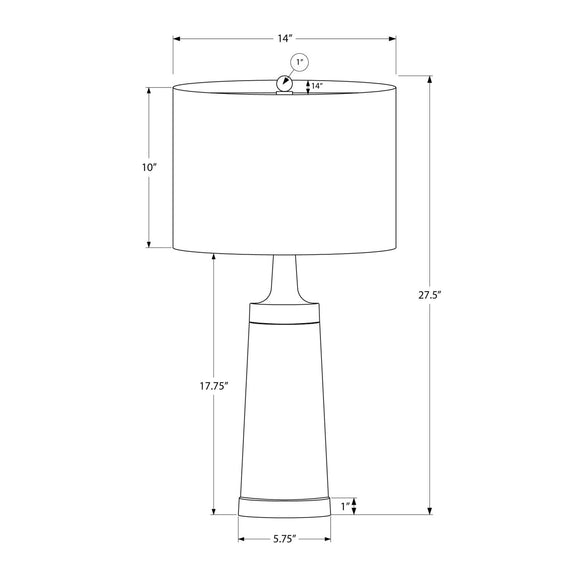 Resin table lamp profile diagram with cream fabric shade and black body, gold foot